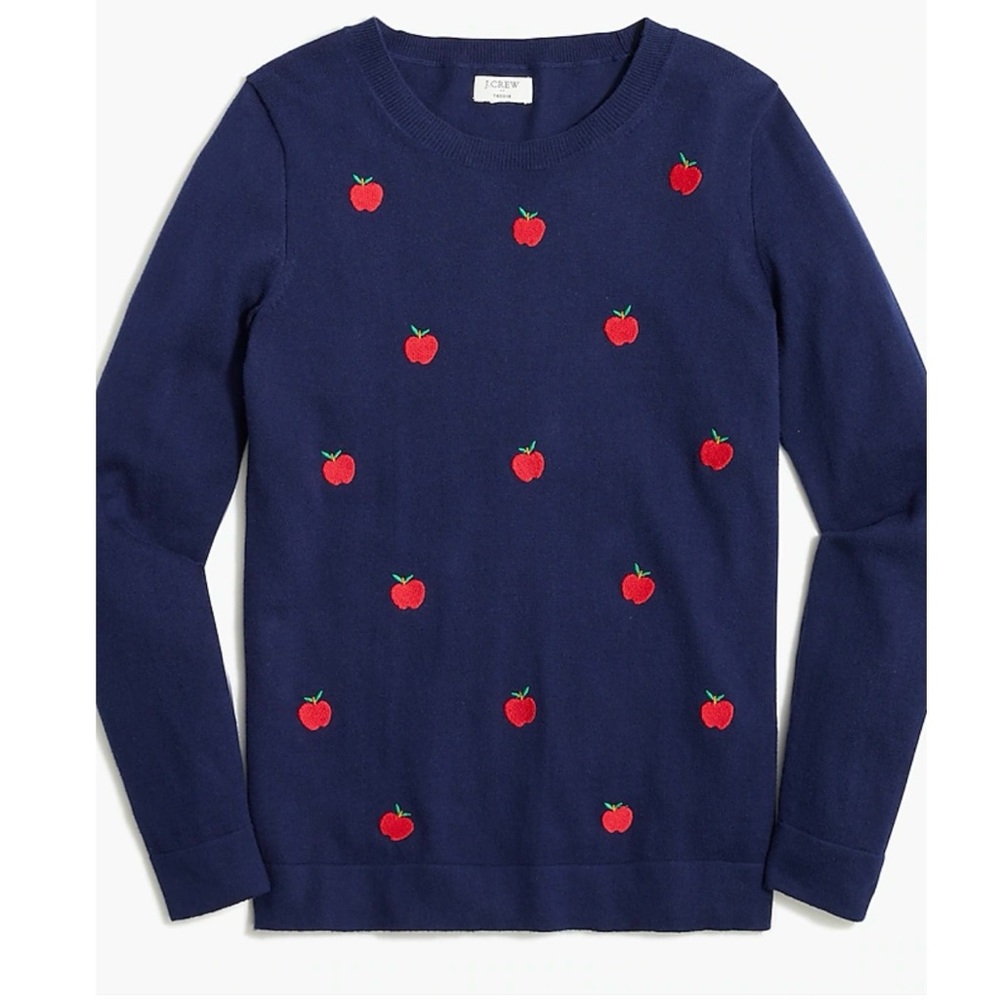 J. Crew Women's Apples Teddie Sweater Navy Blue and Red 100% Cotton NWT